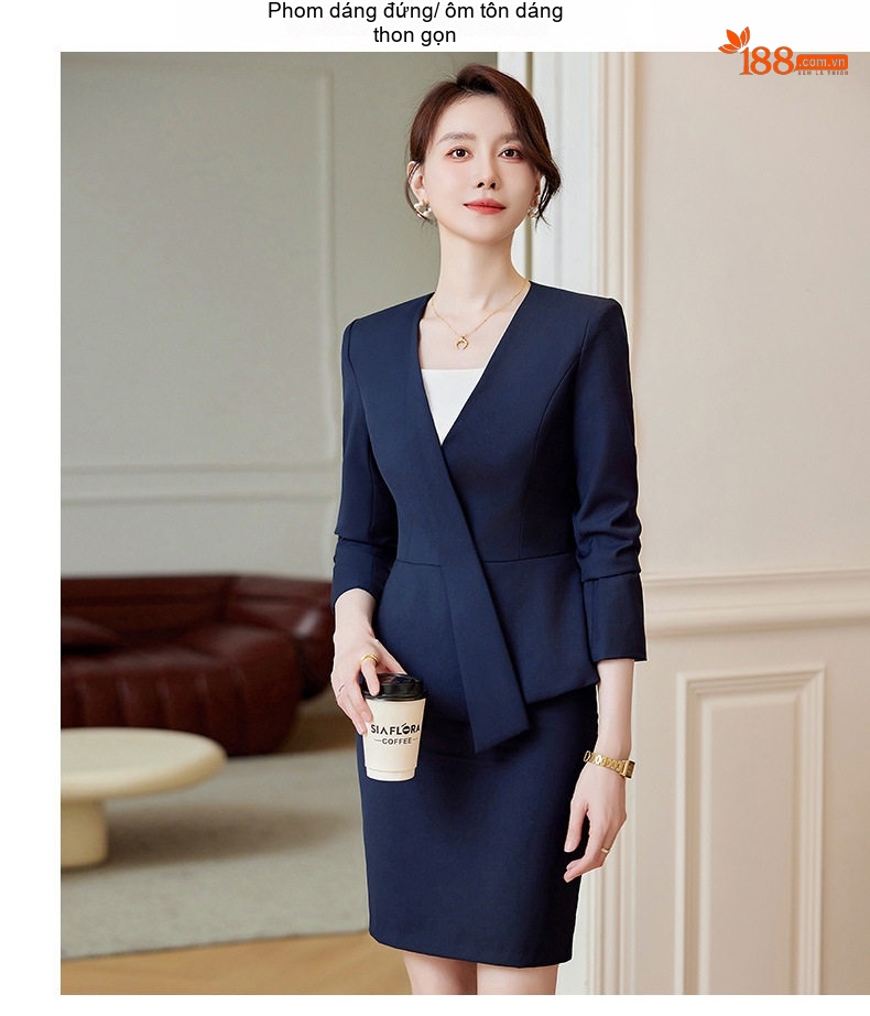Bộ Vest Công Sở Nữ Dáng Peplum Quần/Chân Váy Màu Xám, Xanh Navy, Đen chi tiết 17