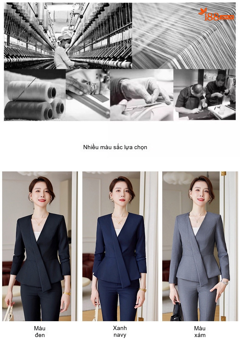 Bộ Vest Công Sở Nữ Dáng Peplum Quần/Chân Váy Màu Xám, Xanh Navy, Đen chi tiết 8