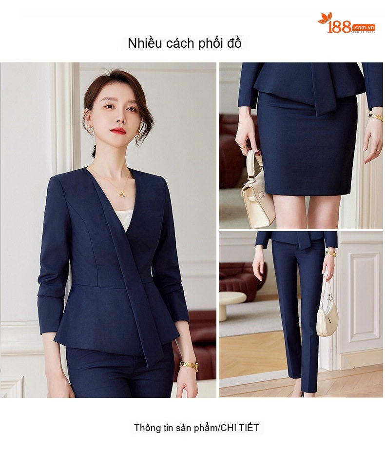 Bộ Vest Công Sở Nữ Dáng Peplum Quần/Chân Váy Màu Xám, Xanh Navy, Đen chi tiết 9