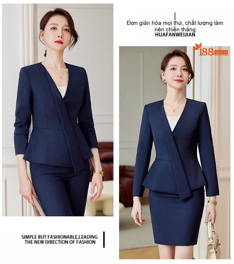 Bộ Vest Công Sở Nữ Dáng Peplum Quần/Chân Váy Màu Xám, Xanh Navy, Đen chi tiết 18