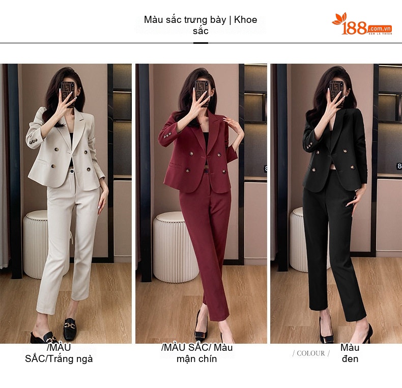 Bộ Vest Công Sở Nữ Màu Mận, Đen, Kem, Be chi tiết 3