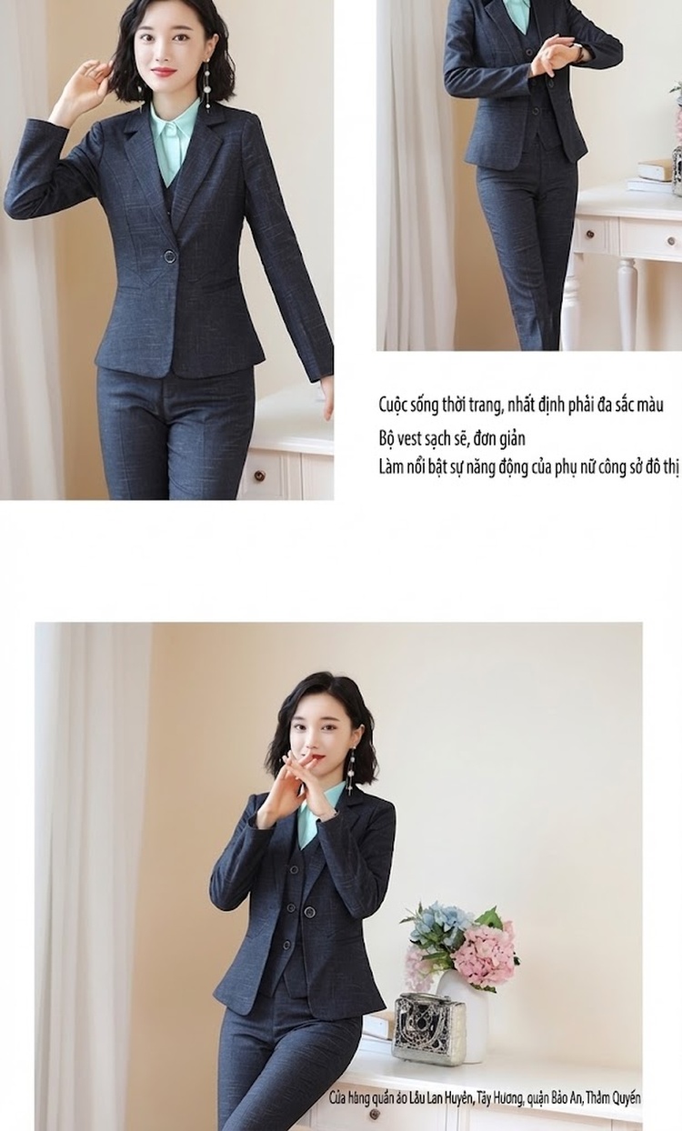 Bộ Vest Công Sở Nữ Phong Cách Hàn Quốc Thiết Kế Thanh Lịch Màu Xanh Navy chi tiết 5