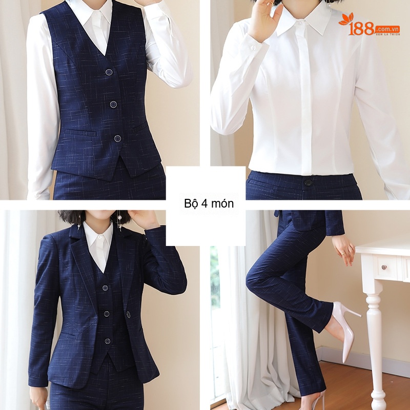 Bộ Vest Công Sở Nữ Phong Cách Hàn Quốc Thiết Kế Thanh Lịch Màu Xanh Navy