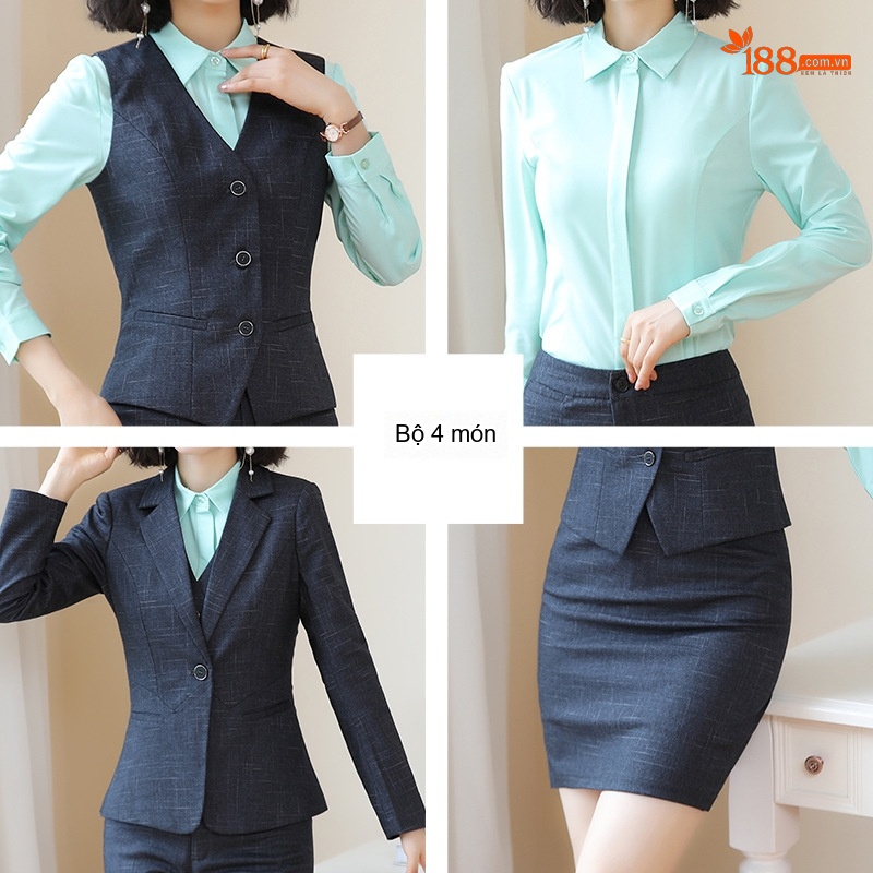 Bộ Vest Công Sở Nữ Phong Cách Hàn Quốc Thiết Kế Thanh Lịch Màu Xanh Navy