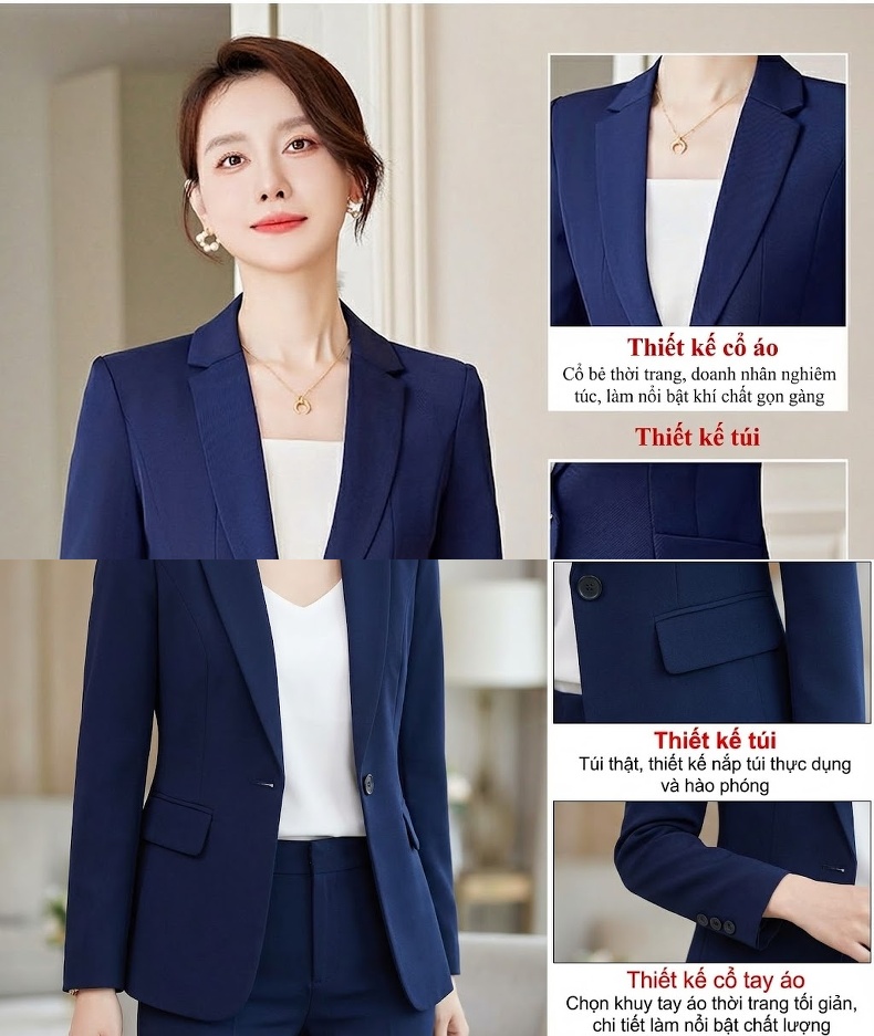 Bộ Vest Công Sở Nữ Phong Cách Thanh Lịch Màu Xanh Navy, Đen chi tiết 6