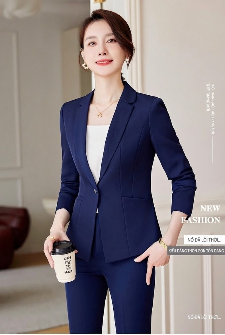 Bộ Vest Công Sở Nữ Phong Cách Thanh Lịch Màu Xanh Navy, Đen chi tiết 3