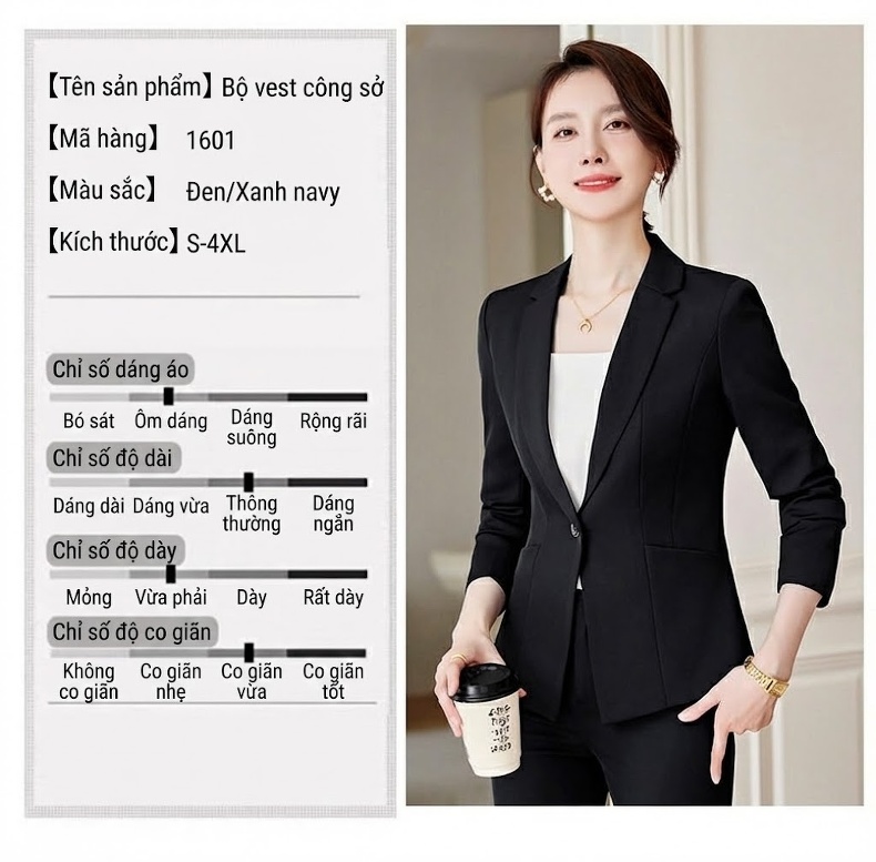 Bộ Vest Công Sở Nữ Phong Cách Thanh Lịch Màu Xanh Navy, Đen chi tiết 10