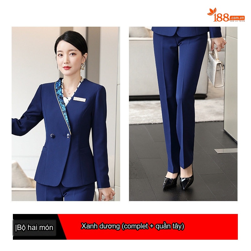 Bộ Vest Công Sở Nữ Quần Dài/Chân Váy Áo Blazer Thanh Lịch Màu Đen, Xanh Dương, Tím