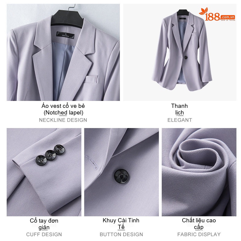 Bộ Vest Công Sở Nữ Tay Dài Phong Cách Hàn Quốc Màu Đen, Xám Xanh, Tím