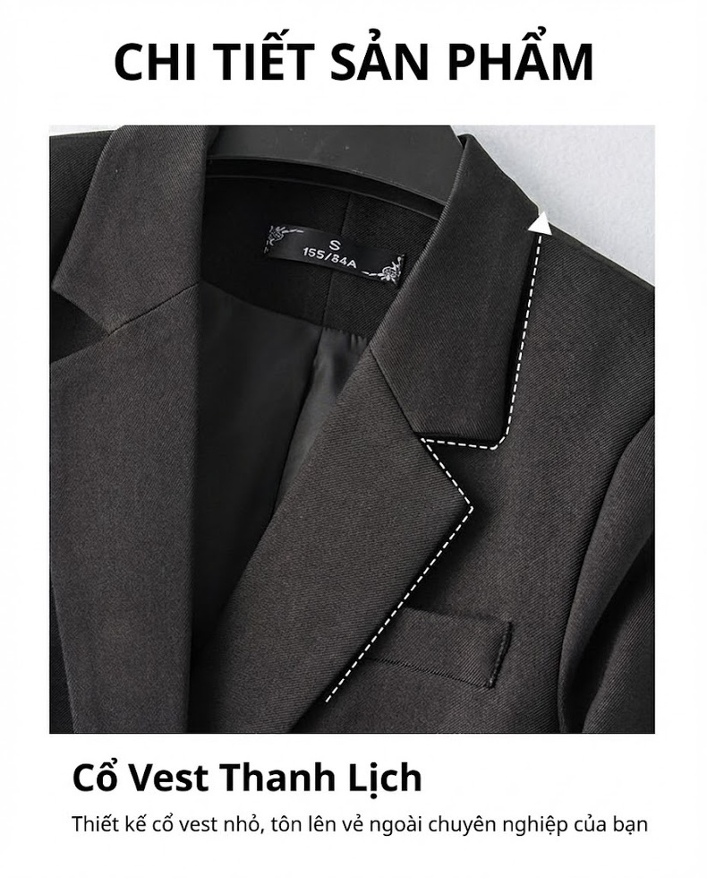 Bộ Vest Công Sở Nữ Tay Dài Phong Cách Hàn Quốc Màu Đen, Xám Xanh, Tím chi tiết 6