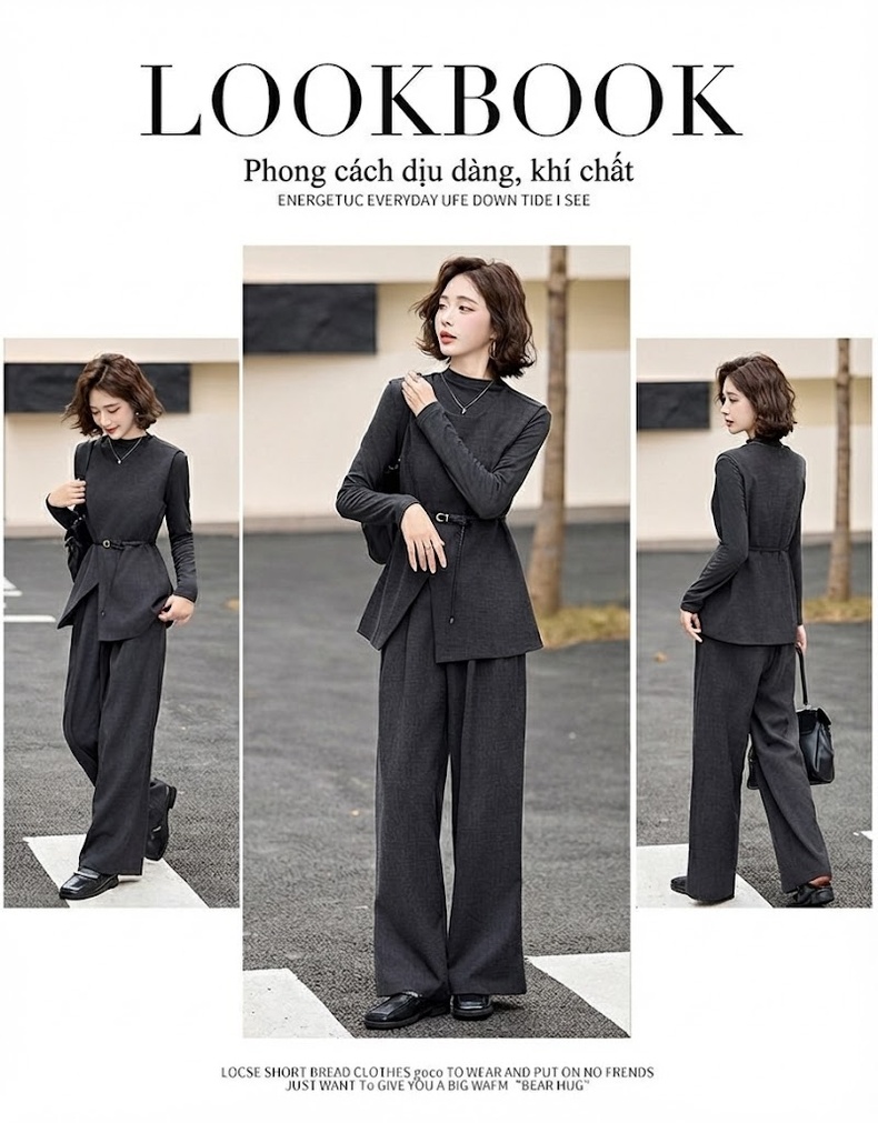 Bộ Vest Công Sở Nữ Tay Dài Quần Ống Rộng Phong Cách Thời Trang Thanh Lịch Màu Xám chi tiết 4