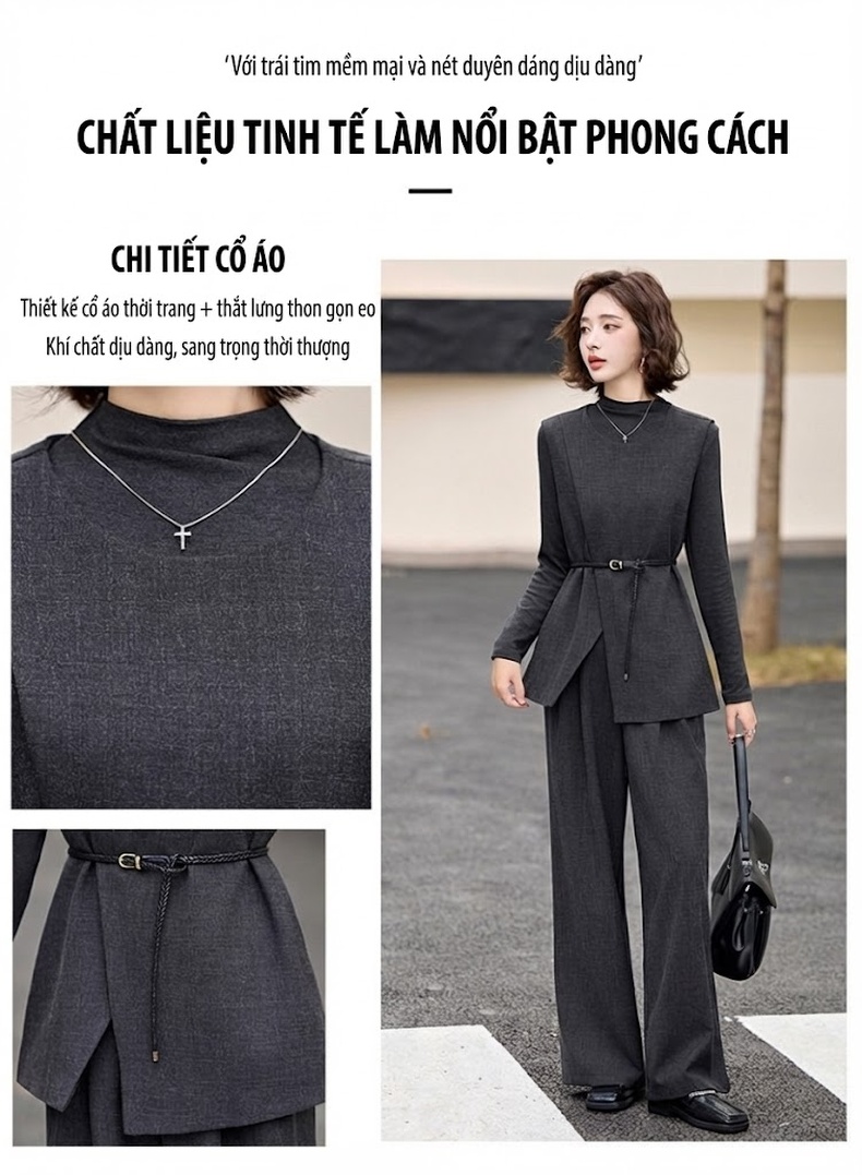 Bộ Vest Công Sở Nữ Tay Dài Quần Ống Rộng Phong Cách Thời Trang Thanh Lịch Màu Xám chi tiết 6