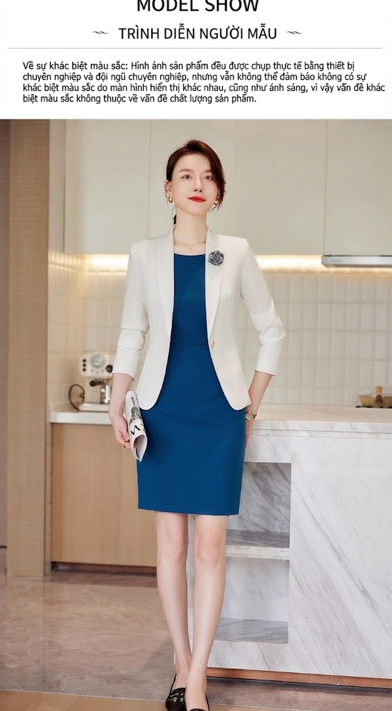 Bộ Vest Công Sở Nữ Tay Dài Thu Đông 2023, Áo Blazer, Váy Liền Thân, Phong Cách OL Thanh Lịch Màu Trắng, Xanh Dương chi tiết 10