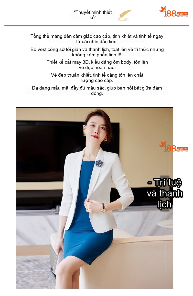 Bộ Vest Công Sở Nữ Tay Dài Thu Đông 2023, Áo Blazer, Váy Liền Thân, Phong Cách OL Thanh Lịch Màu Trắng, Xanh Dương chi tiết 3