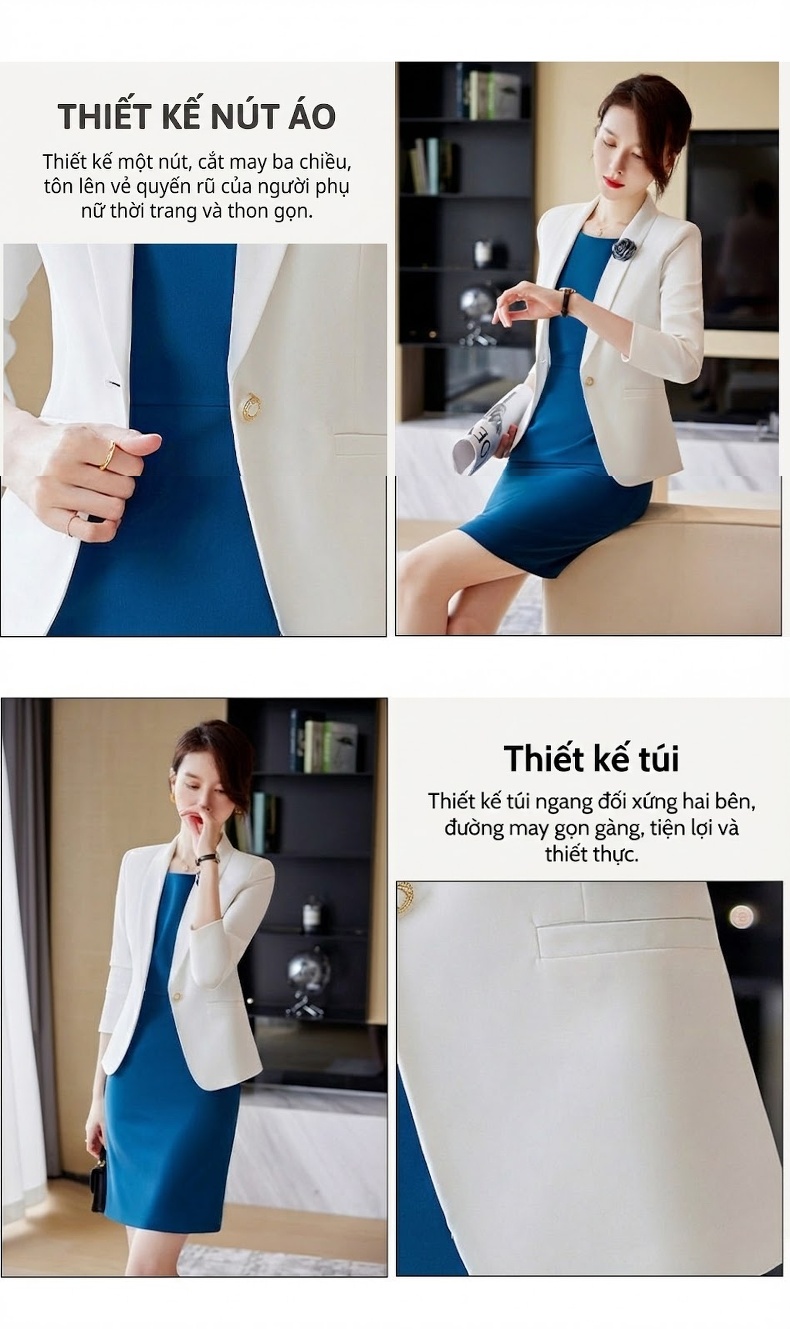 Bộ Vest Công Sở Nữ Tay Dài Thu Đông 2023, Áo Blazer, Váy Liền Thân, Phong Cách OL Thanh Lịch Màu Trắng, Xanh Dương chi tiết 5