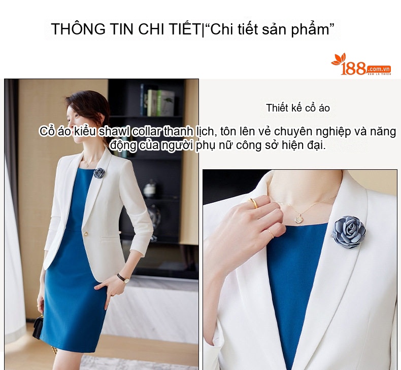 Bộ Vest Công Sở Nữ Tay Dài Thu Đông 2023, Áo Blazer, Váy Liền Thân, Phong Cách OL Thanh Lịch Màu Trắng, Xanh Dương chi tiết 4
