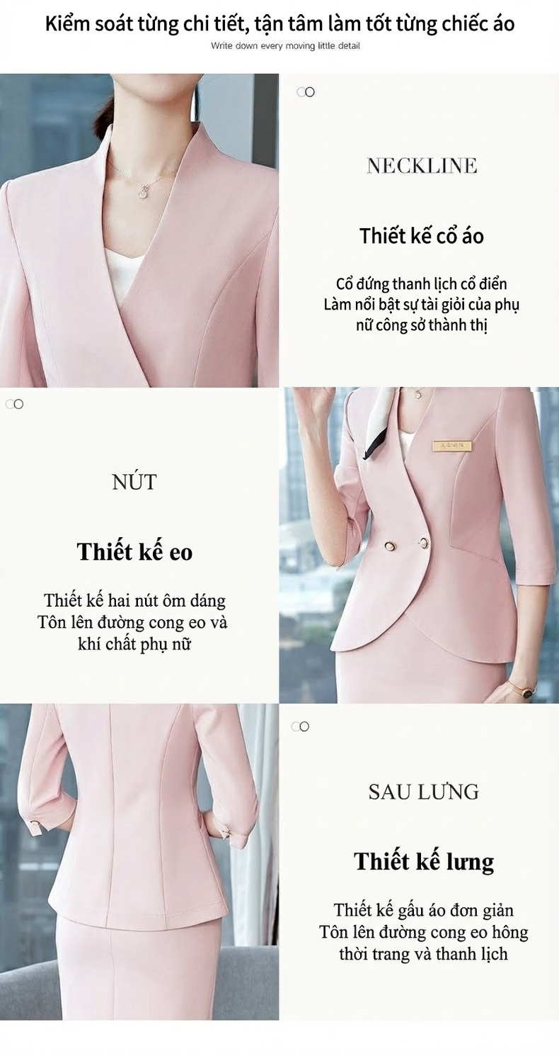 Bộ Vest Công Sở Nữ Tay Lỡ Dáng Ôm Thanh Lịch Màu Hồng, Xanh Lam chi tiết 4