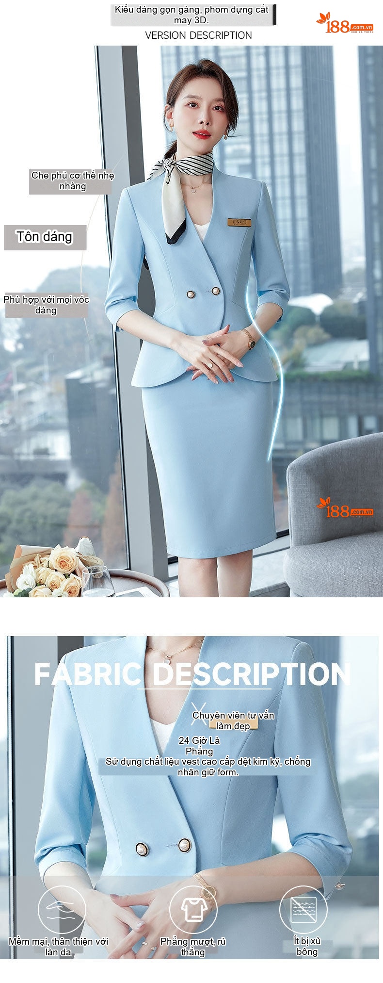 Bộ Vest Công Sở Nữ Tay Lỡ Dáng Ôm Thanh Lịch Màu Hồng, Xanh Lam chi tiết 5