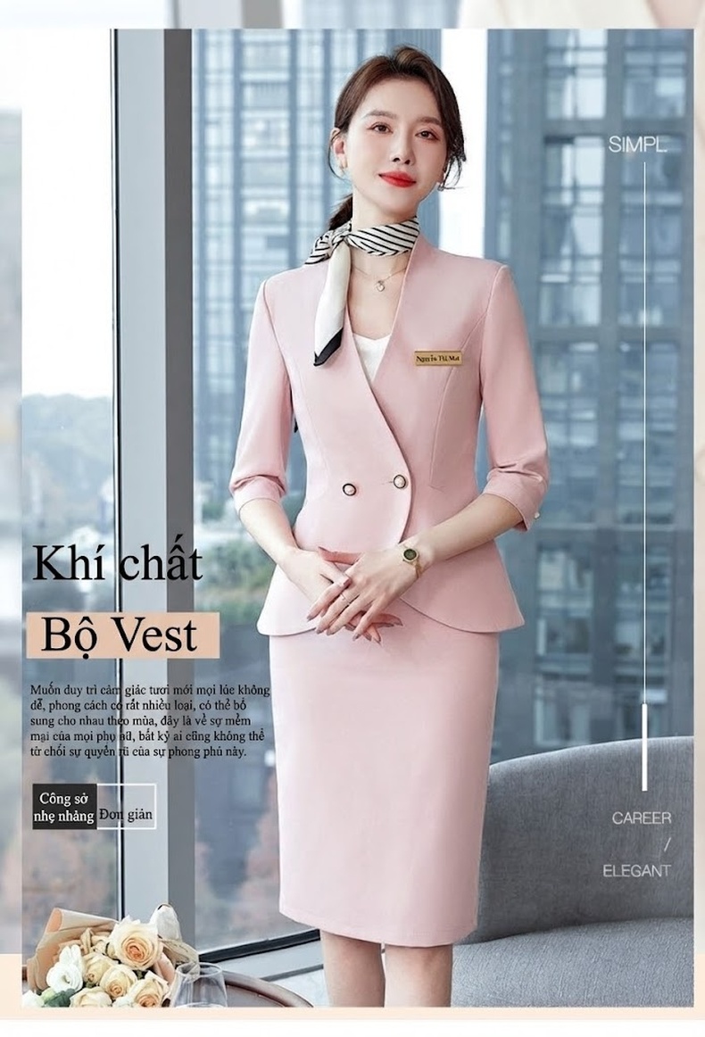 Bộ Vest Công Sở Nữ Tay Lỡ Dáng Ôm Thanh Lịch Màu Hồng, Xanh Lam chi tiết 2