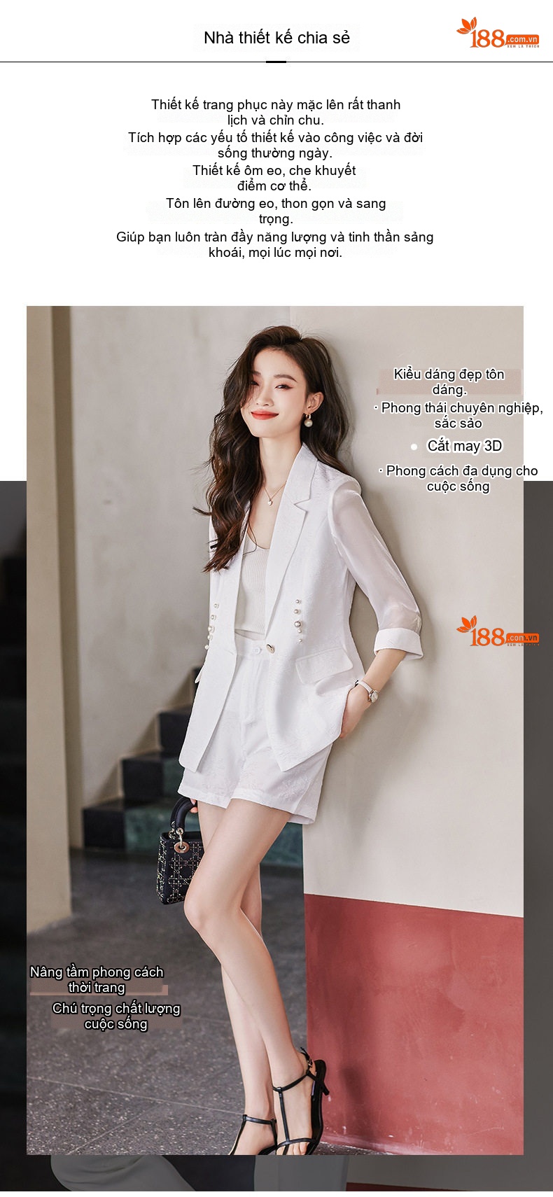 Bộ Vest Công Sở Nữ Tay Lỡ Quần Short Phong Cách Thời Trang Màu Trắng, Đen, Xanh chi tiết 3