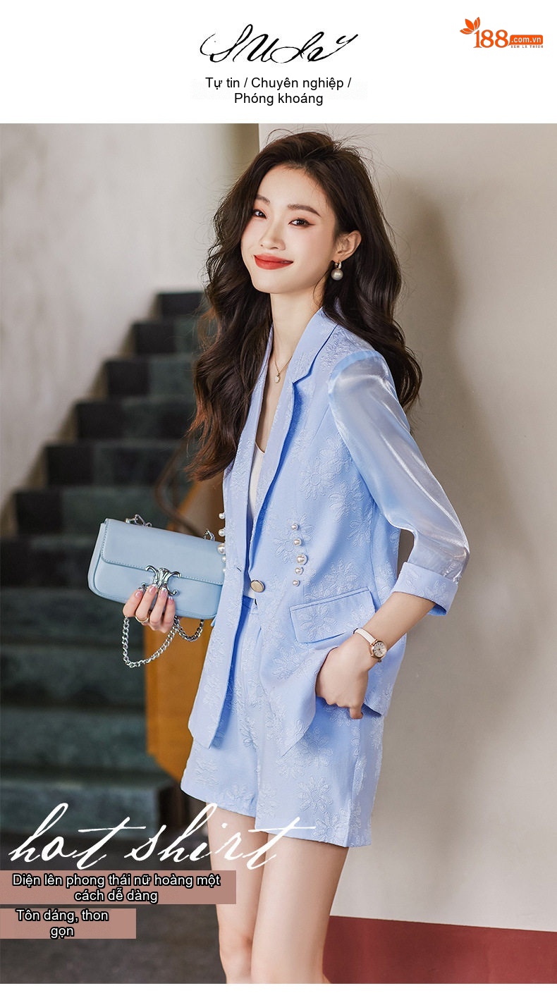 Bộ Vest Công Sở Nữ Tay Lỡ Quần Short Phong Cách Thời Trang Màu Trắng, Đen, Xanh chi tiết 2