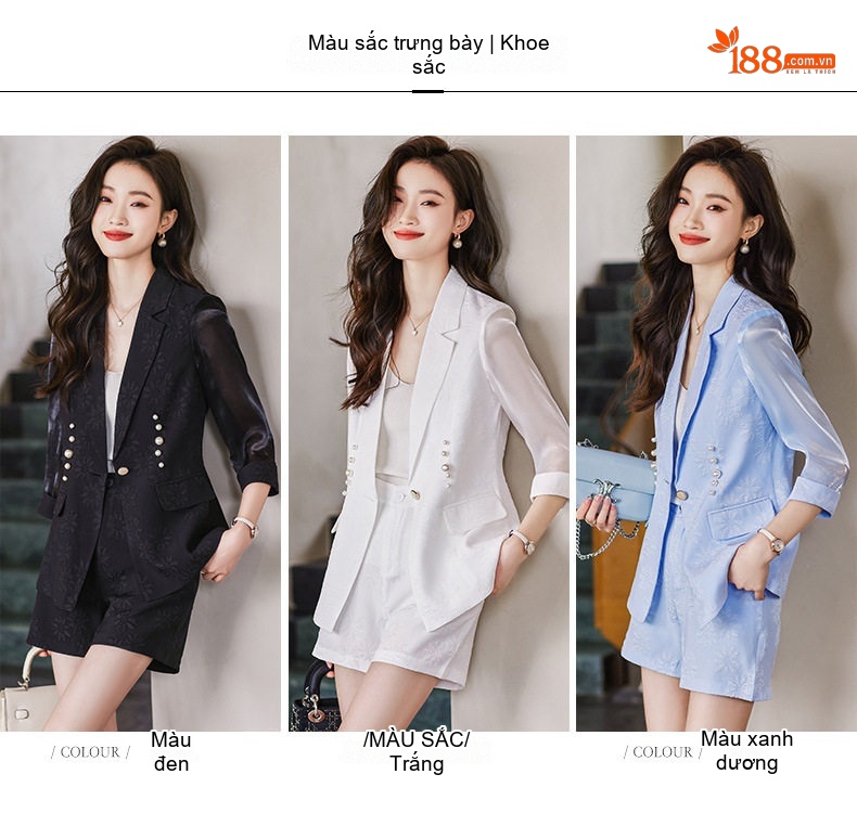 Bộ Vest Công Sở Nữ Tay Lỡ Quần Short Phong Cách Thời Trang Màu Trắng, Đen, Xanh chi tiết 4