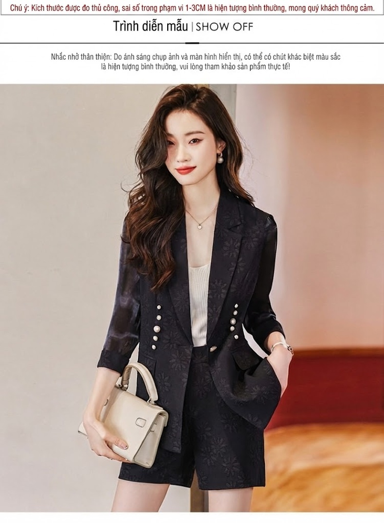 Bộ Vest Công Sở Nữ Tay Lỡ Quần Short Phong Cách Thời Trang Màu Trắng, Đen, Xanh chi tiết 9