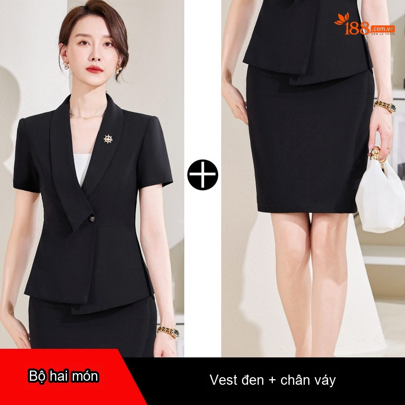 Bộ Vest Công Sở Nữ Tay Ngắn Dáng Lệch Màu Xám, Đen
