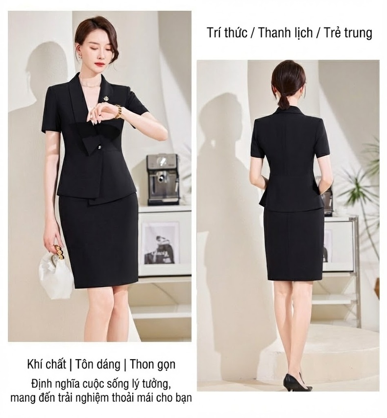 Bộ Vest Công Sở Nữ Tay Ngắn Mỏng Dáng Ôm Màu Đen, Xám chi tiết 15
