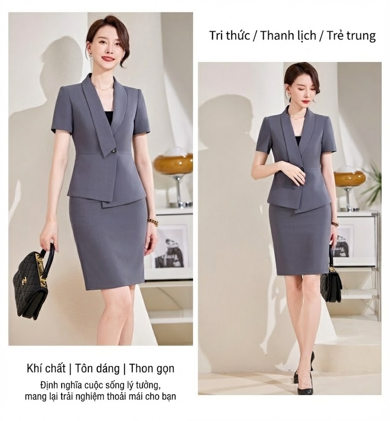 Bộ Vest Công Sở Nữ Tay Ngắn Mỏng Dáng Ôm Màu Đen, Xám chi tiết 17