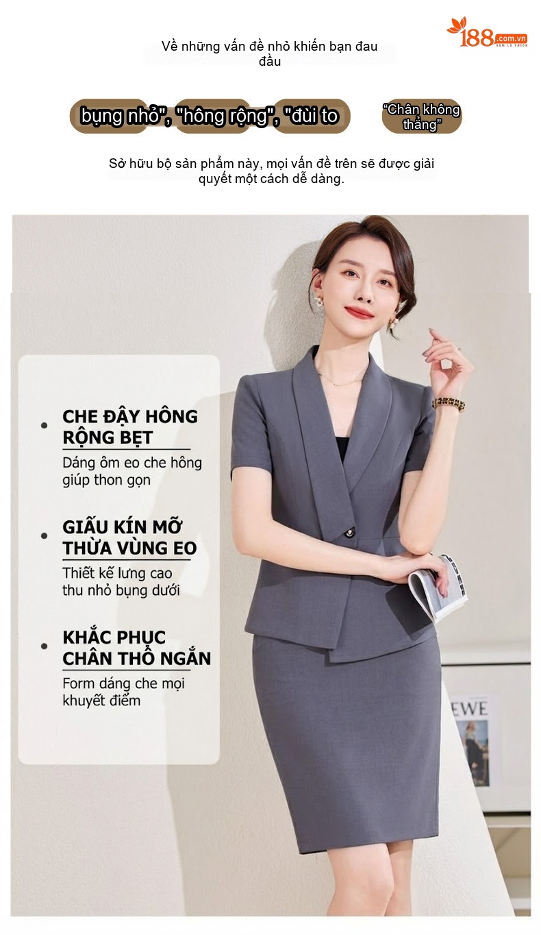 Bộ Vest Công Sở Nữ Tay Ngắn Mỏng Dáng Ôm Màu Đen, Xám chi tiết 3
