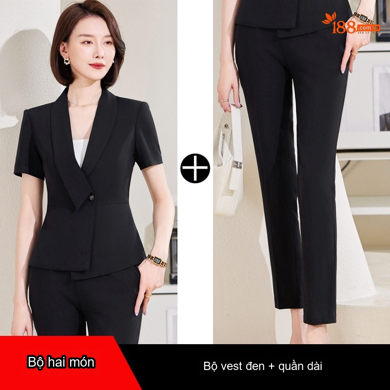 Bộ Vest Công Sở Nữ Tay Ngắn Mỏng Dáng Ôm Màu Đen, Xám