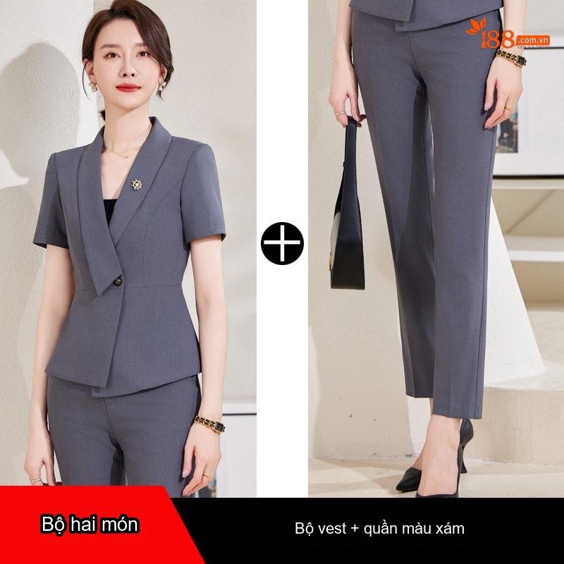 Bộ Vest Công Sở Nữ Tay Ngắn Mỏng Dáng Ôm Màu Đen, Xám
