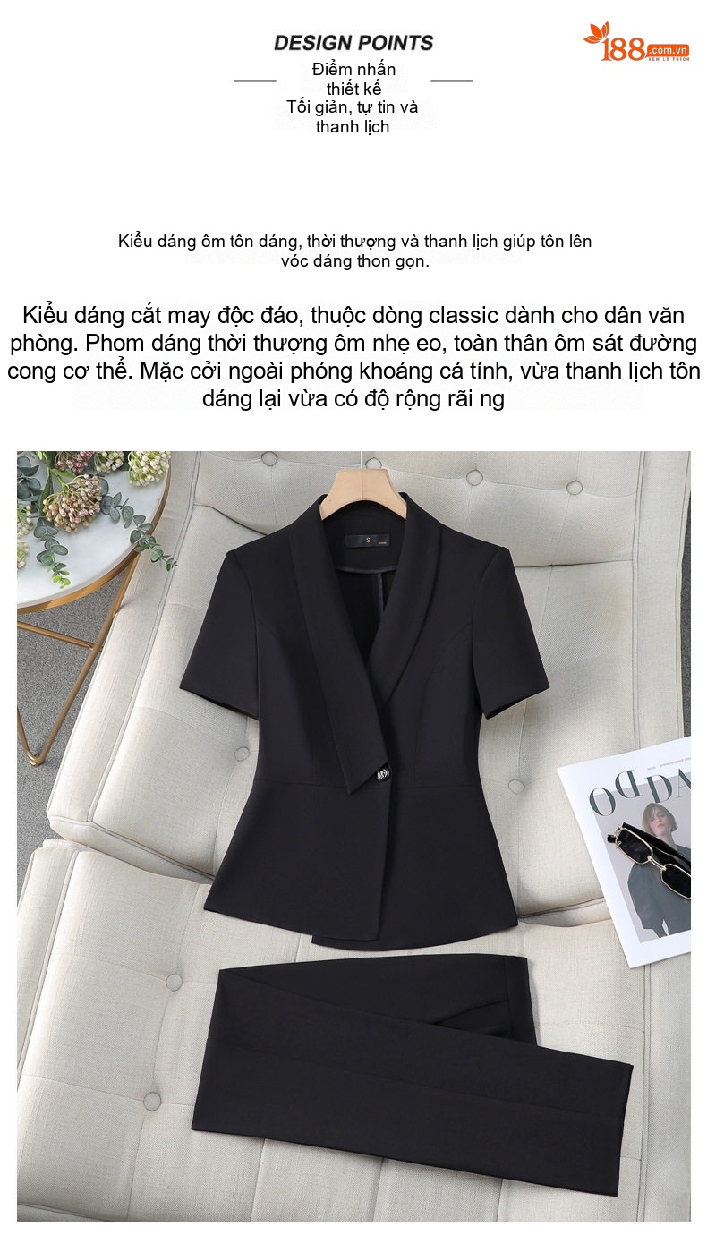 Bộ Vest Công Sở Nữ Tay Ngắn Mỏng Dáng Ôm Màu Đen, Xám chi tiết 7
