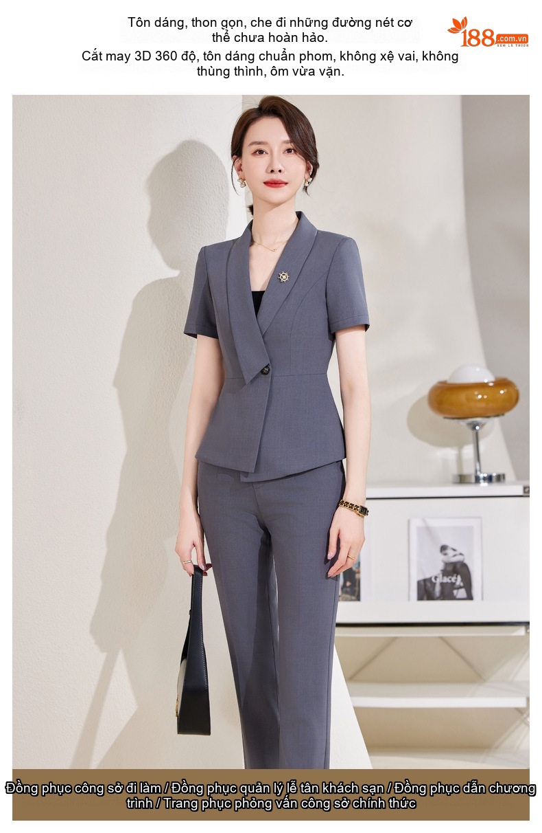 Bộ Vest Công Sở Nữ Tay Ngắn Mỏng Dáng Ôm Màu Đen, Xám chi tiết 4
