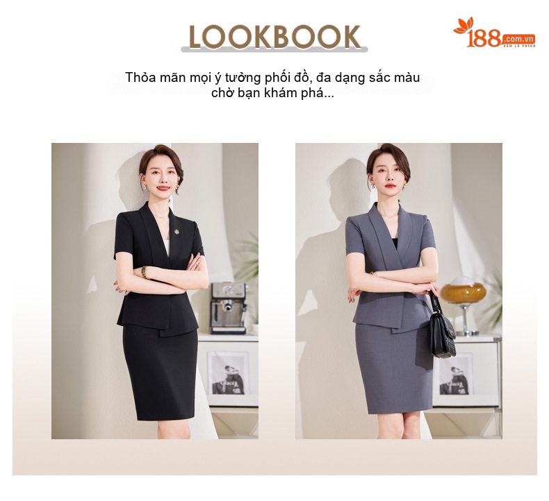 Bộ Vest Công Sở Nữ Tay Ngắn Mỏng Dáng Ôm Màu Đen, Xám chi tiết 5