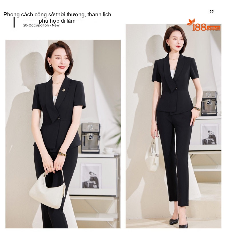 Bộ Vest Công Sở Nữ Tay Ngắn Mỏng Dáng Ôm Màu Đen, Xám chi tiết 13