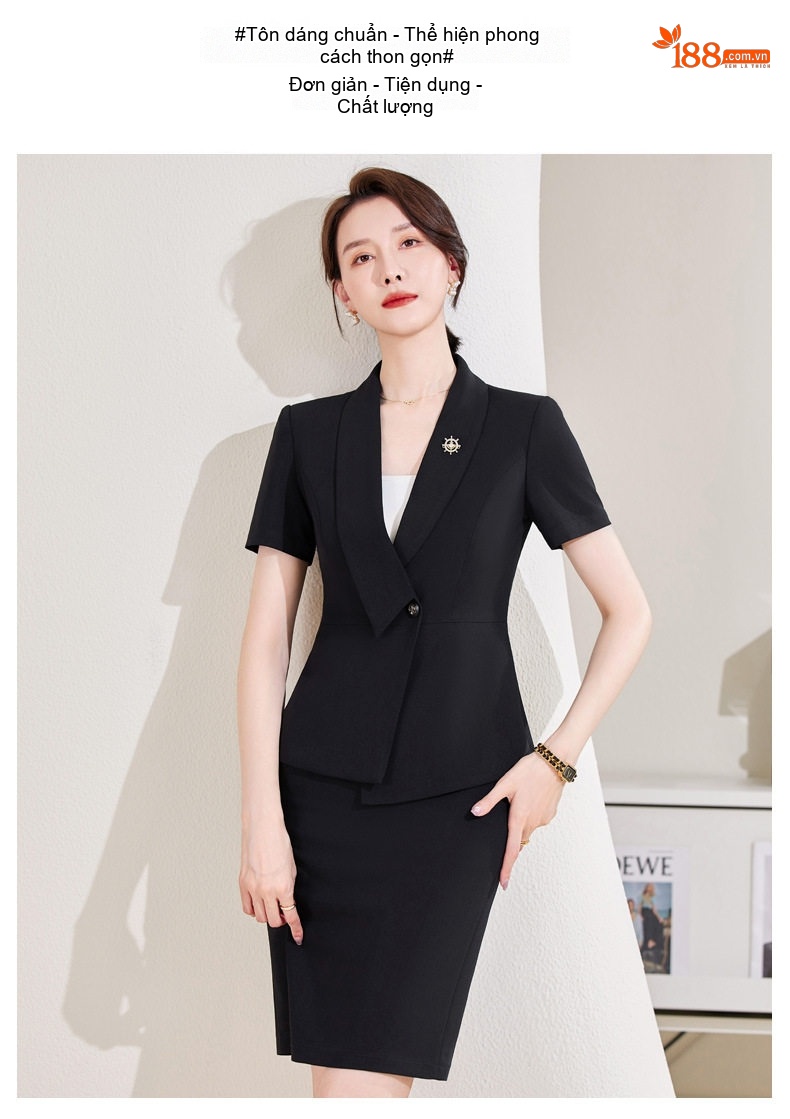 Bộ Vest Công Sở Nữ Tay Ngắn Mỏng Dáng Ôm Màu Đen, Xám chi tiết 14