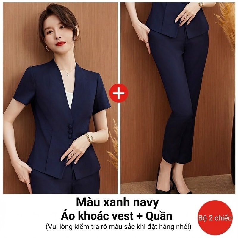 Bộ Vest Công Sở Nữ Tay Ngắn Phong Cách Hàn Quốc Màu Xám, Đen, Xanh Navy