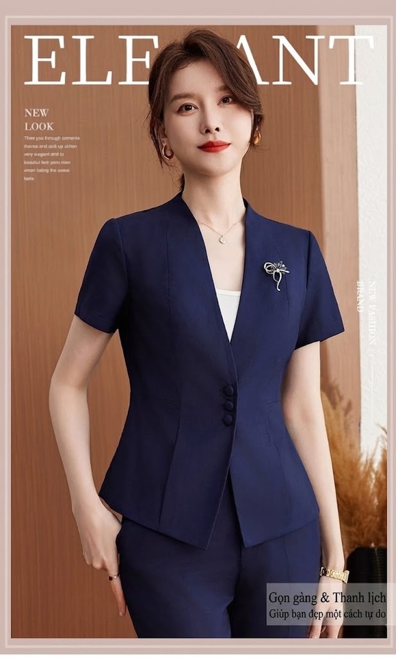 Bộ Vest Công Sở Nữ Tay Ngắn Phong Cách Hàn Quốc Màu Xám, Đen, Xanh Navy chi tiết 2