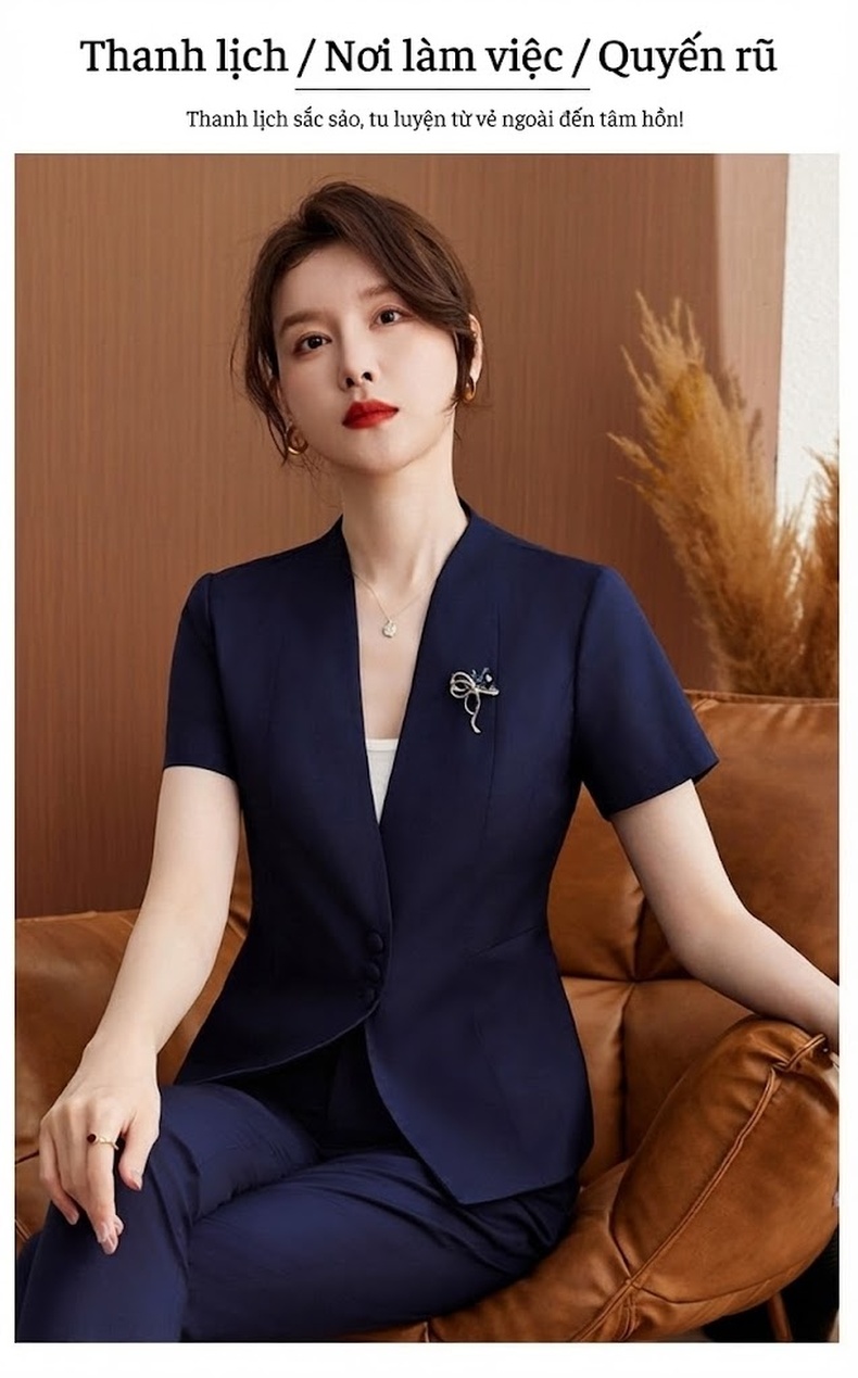 Bộ Vest Công Sở Nữ Tay Ngắn Phong Cách Hàn Quốc Màu Xám, Đen, Xanh Navy chi tiết 3
