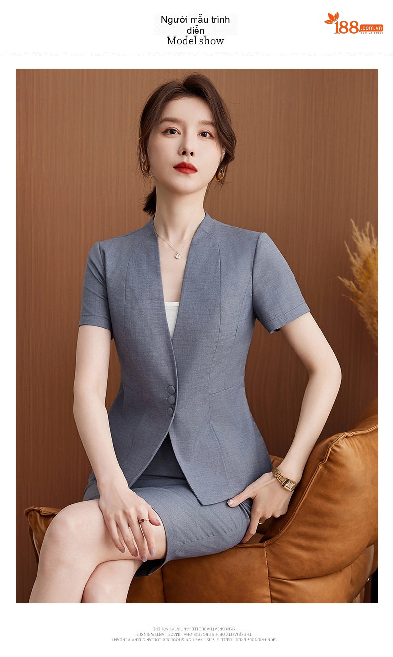 Bộ Vest Công Sở Nữ Tay Ngắn Phong Cách Hàn Quốc Màu Xám, Đen, Xanh Navy chi tiết 10