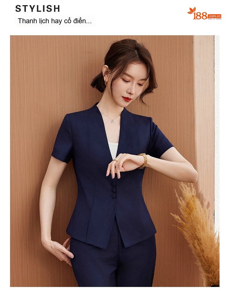 Bộ Vest Công Sở Nữ Tay Ngắn Phong Cách Hàn Quốc Màu Xám, Đen, Xanh Navy chi tiết 6