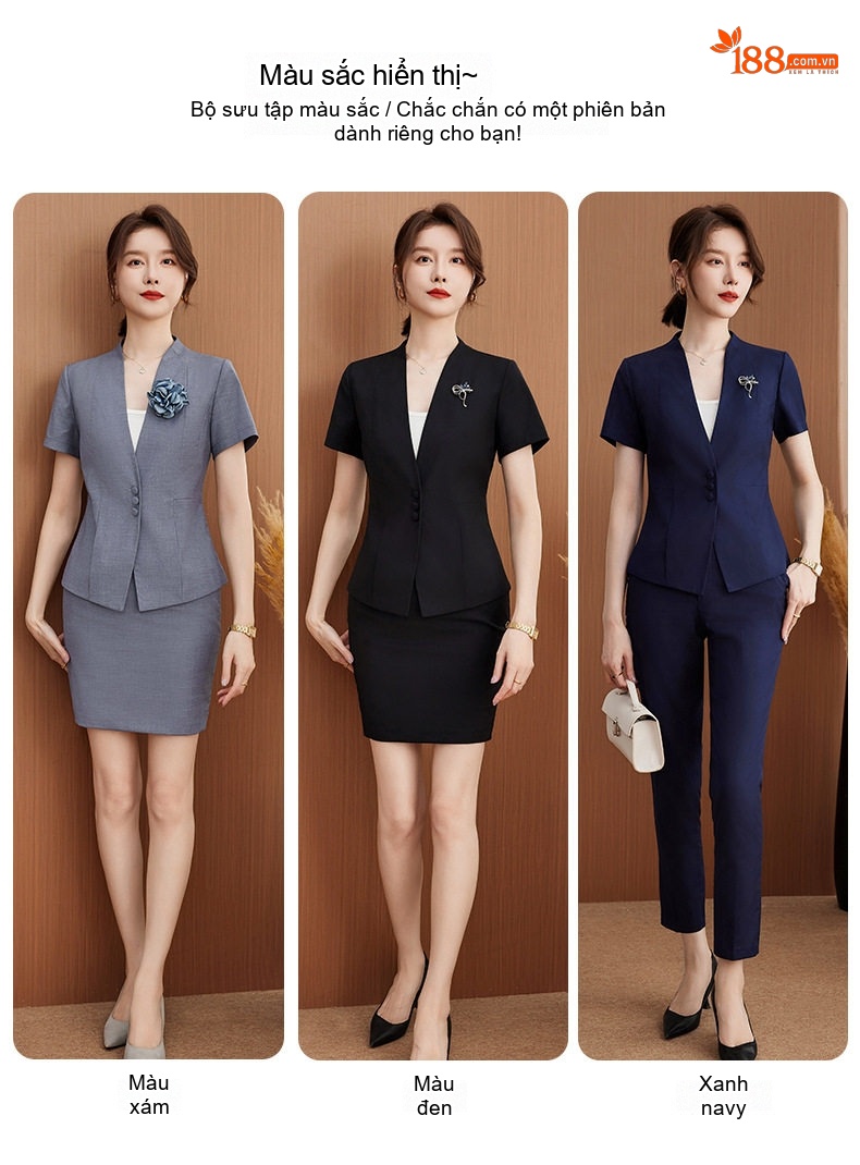Bộ Vest Công Sở Nữ Tay Ngắn Phong Cách Hàn Quốc Màu Xám, Đen, Xanh Navy chi tiết 7
