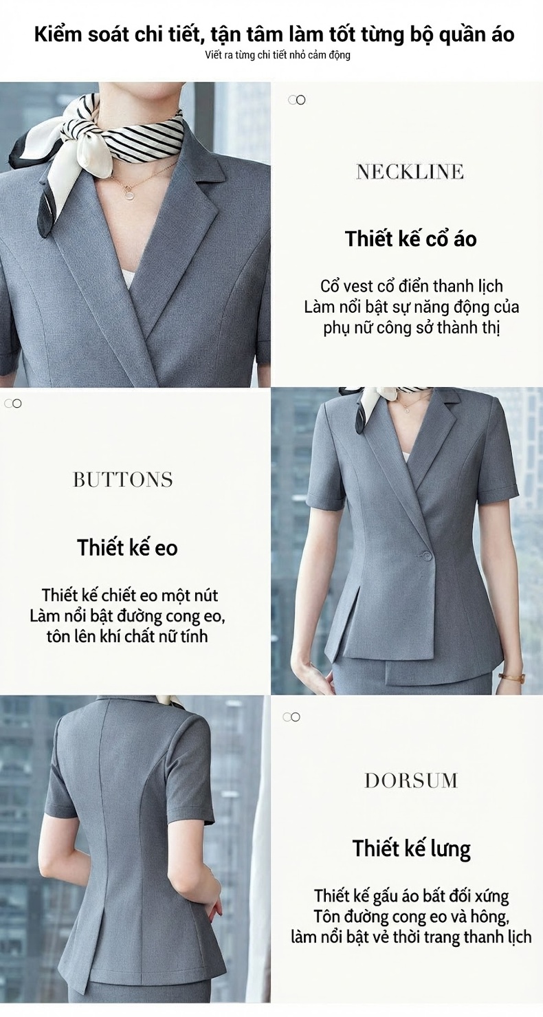Bộ Vest Công Sở Nữ Tay Ngắn Phong Cách Hàn Quốc Màu Xanh Lam, Xám, Nâu chi tiết 3