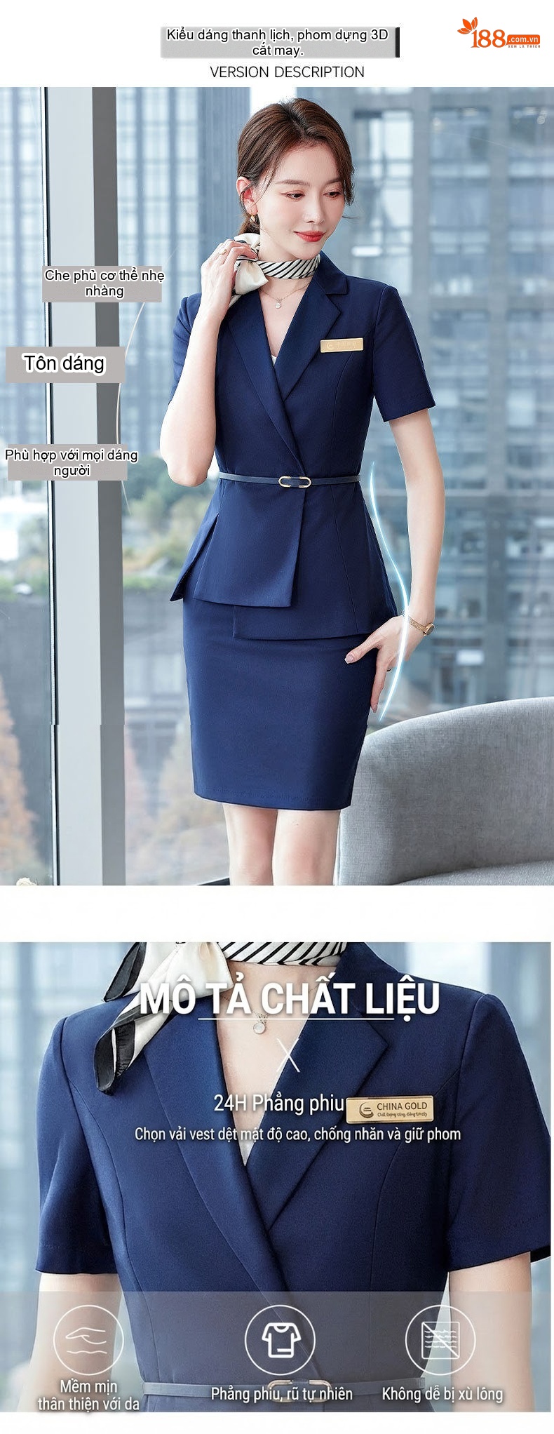 Bộ Vest Công Sở Nữ Tay Ngắn Phong Cách Hàn Quốc Màu Xanh Lam, Xám, Nâu chi tiết 4