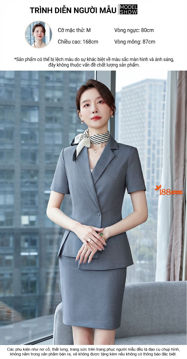 Bộ Vest Công Sở Nữ Tay Ngắn Phong Cách Hàn Quốc Màu Xanh Lam, Xám, Nâu chi tiết 7