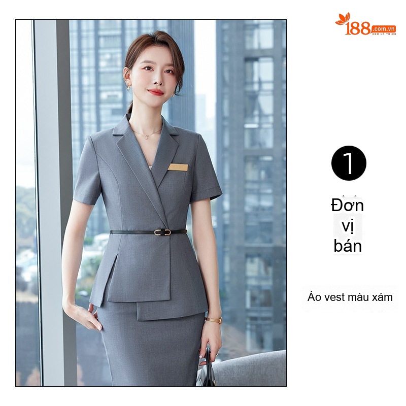 Bộ Vest Công Sở Nữ Tay Ngắn Phong Cách Hàn Quốc Màu Xanh Lam, Xám, Nâu