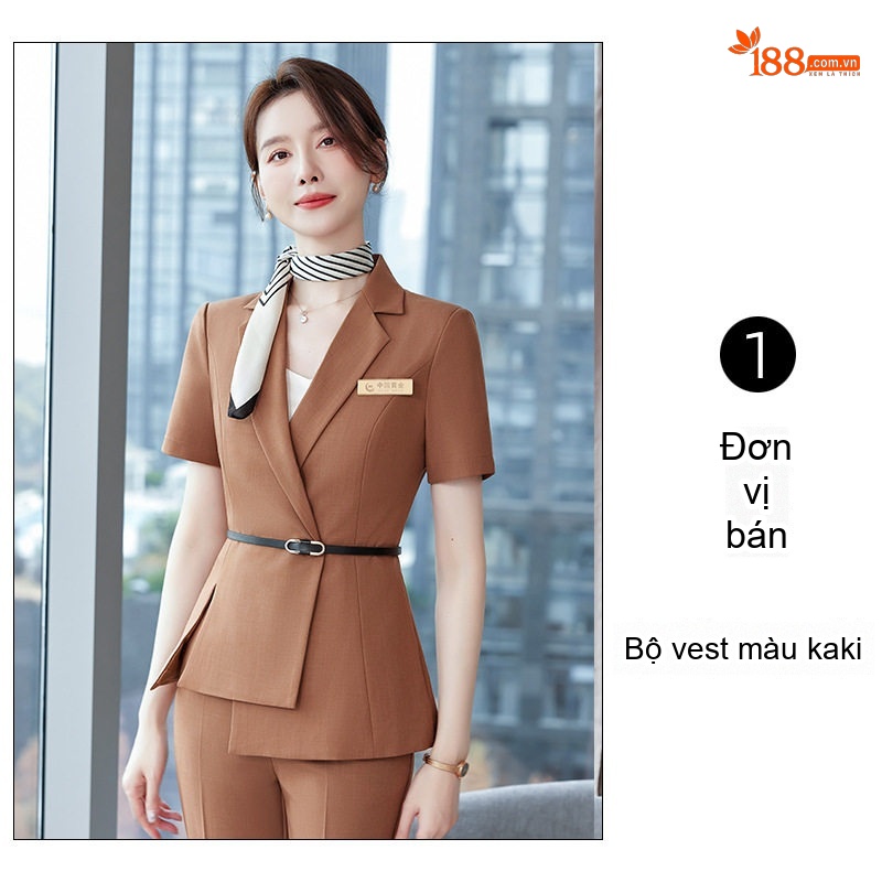 Bộ Vest Công Sở Nữ Tay Ngắn Phong Cách Hàn Quốc Màu Xanh Lam, Xám, Nâu