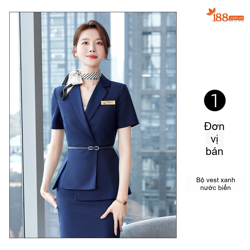 Bộ Vest Công Sở Nữ Tay Ngắn Phong Cách Hàn Quốc Màu Xanh Lam, Xám, Nâu